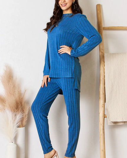 Basic Bae Full Size Ribbed Round Neck High-Low Slit Top and Pants Set Royal Blue