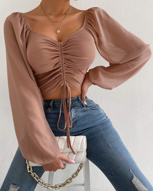 Drawstring Sweetheart Neck Cropped Top Camel
