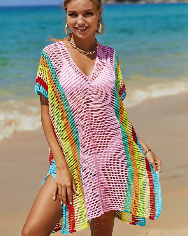 Angel Wings Openwork Striped Slit Knit Cover Up Blush Pink One Size