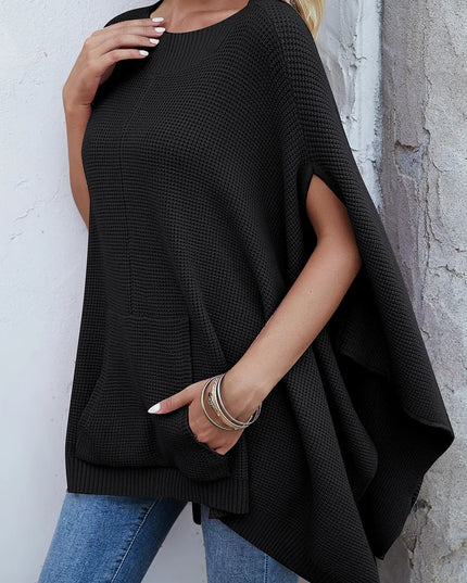 Waffle-Knit Pocketed Cape Sleeve Sweater