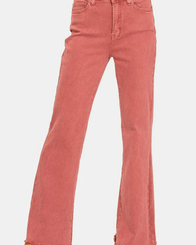 Zenana Acid Washed Frayed Hem Bootcut Jeans Cabernet