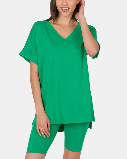 Zenana V-Neck Short Sleeve T-Shirt and Biker Shorts Set GREEN