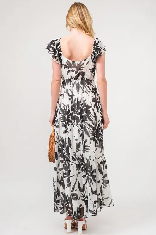 And The Why Ruffled Sleeve Tiered Floral Print Maxi Dress