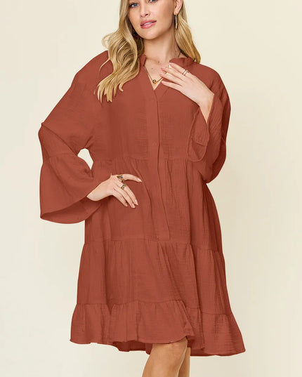 Double Take Full Size Texture Button Up Ruffle Hem Dress Rust