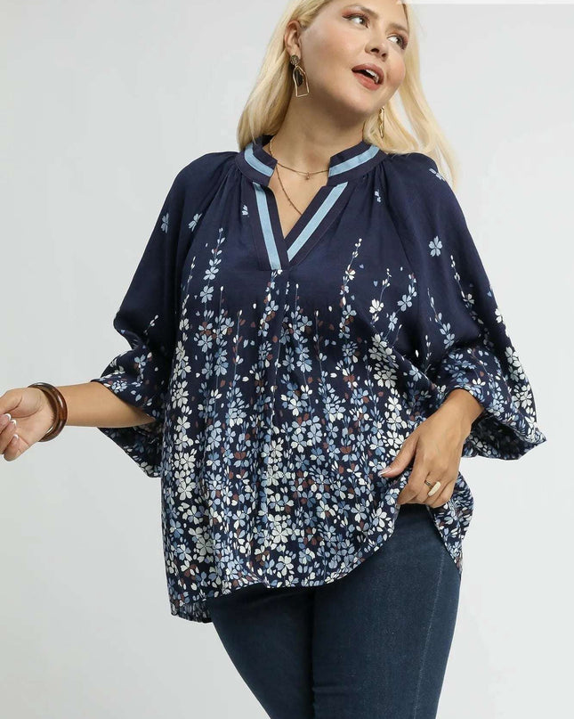 Umgee Full Size Floral Vine Print Blouse with Balloon Sleeves Plus Size