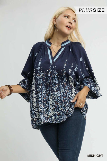 Umgee Full Size Floral Vine Print Blouse with Balloon Sleeves Plus Size