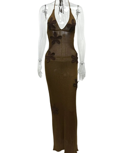 Flower Halter Neck Maxi Knit Dress