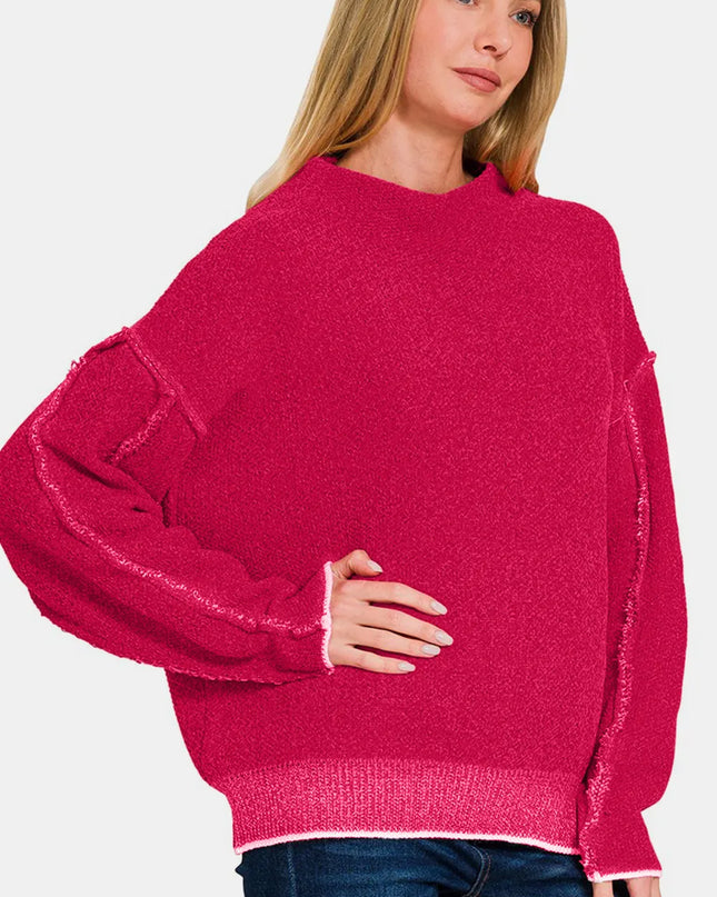 Zenana Exposed Seam Mock Neck Long Sleeve Sweater