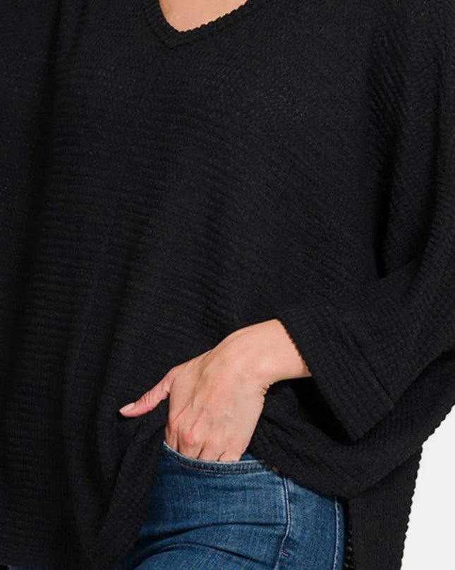 Zenana Full Size Waffle Knit V-Neck Long Sleeve Slit Top
