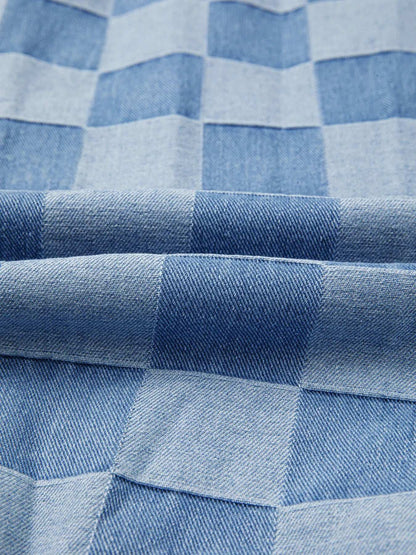 Checkerboard Splicing Raw Detail Oversized Denim Top