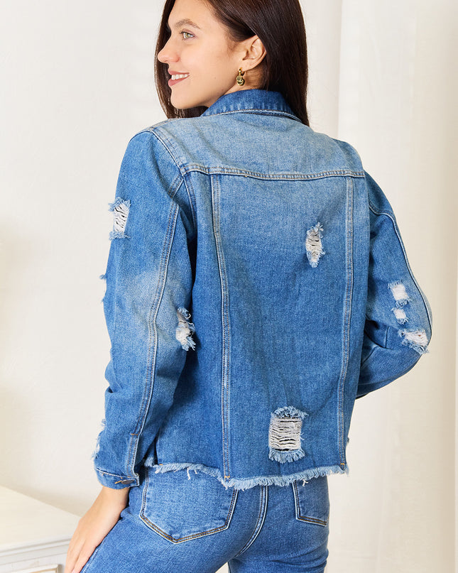 Baeful Leopard Floral Distressed Raw Hem Denim Jacket