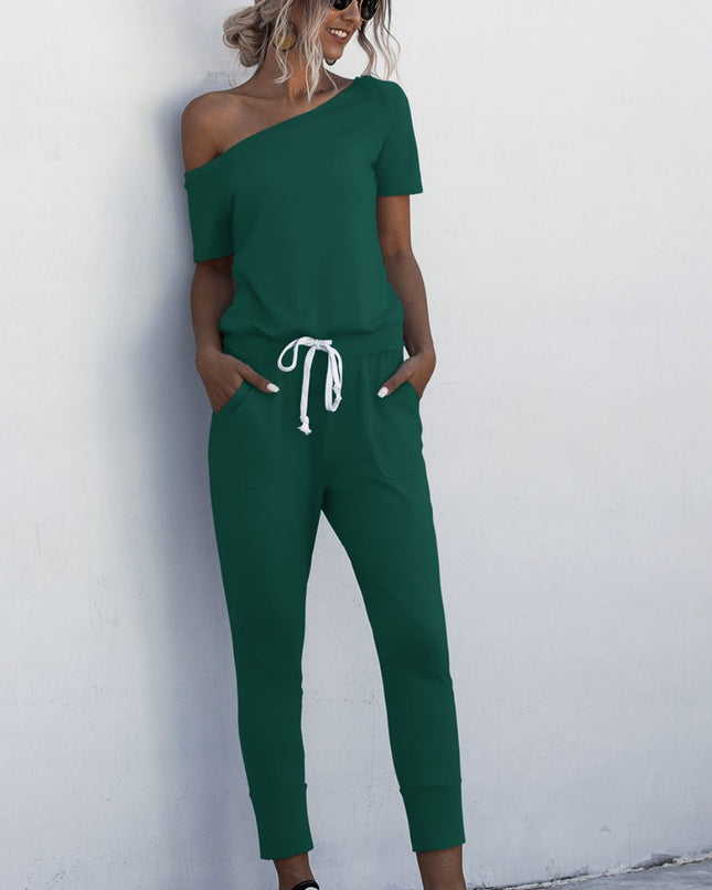 Asymmetrical Neck Tied Jumpsuit with Pockets
