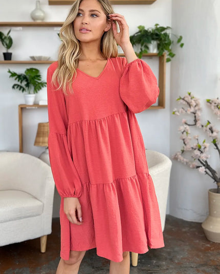 Double Take Full Size V-Neck Balloon Sleeve Tiered Dress with Pockets