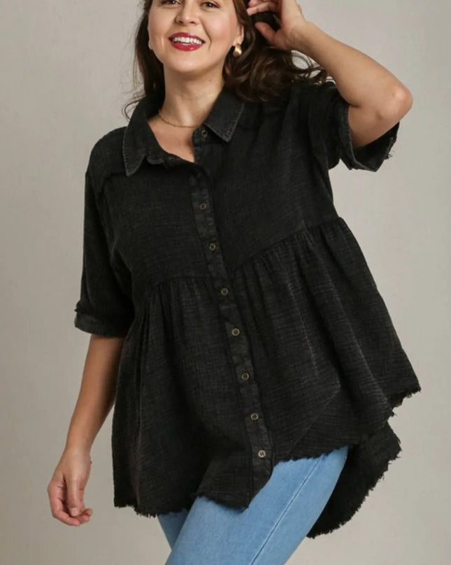 Umgee Full Size Cotton Gauze Button Front Shirt Plus Size 
