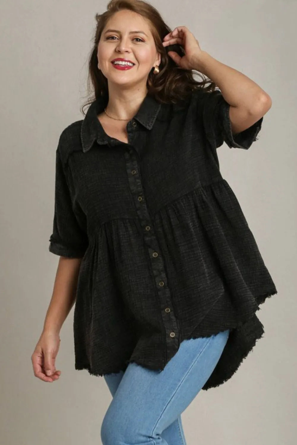 Umgee Full Size Cotton Gauze Button Front Shirt Plus Size 