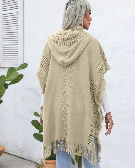 Fringe Trim Buttoned Hooded Poncho