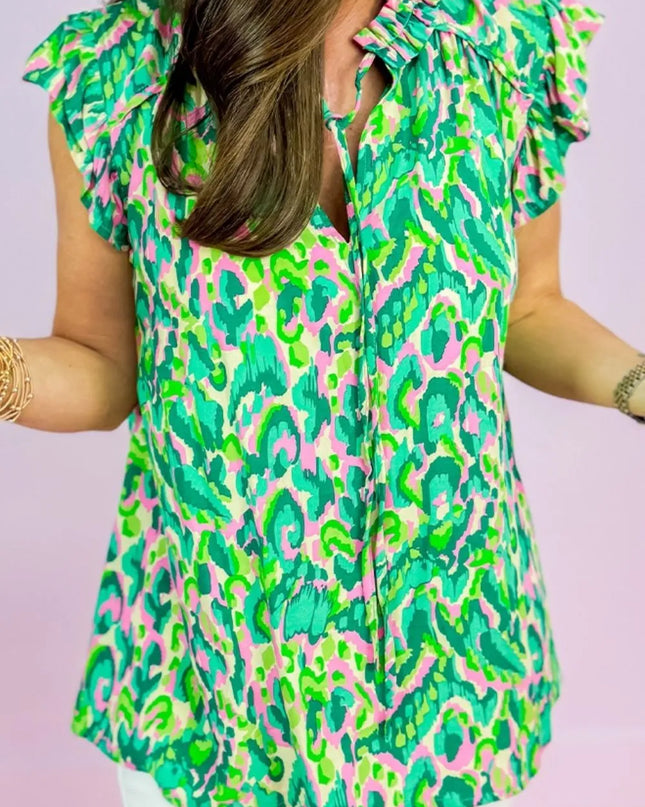 Abstract Print Ruffled Trim Tie Neck Top