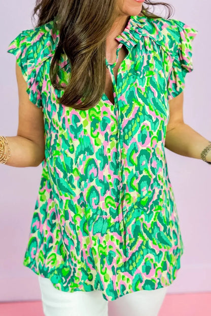 Abstract Print Ruffled Trim Tie Neck Top