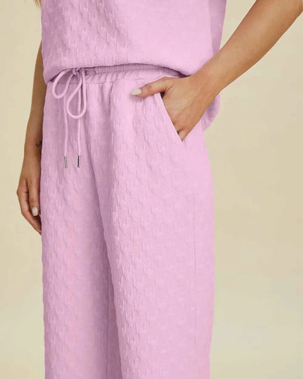 Double Take Full Size Texture Round Neck Short Sleeve Top and Pants Set