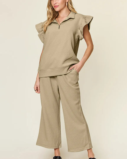 Double Take Texture Ruffle Short Sleeve Top and Drawstring Wide Leg Pants Set
