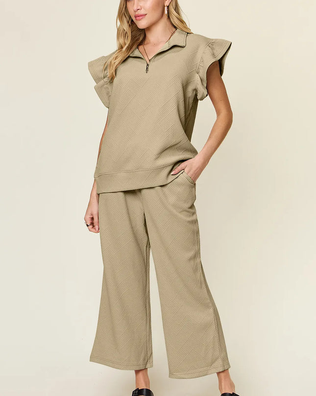 Double Take Texture Ruffle Short Sleeve Top and Drawstring Wide Leg Pants Set