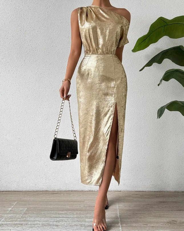 Honey Slit One Shoulder Short Sleeve Midi Dress