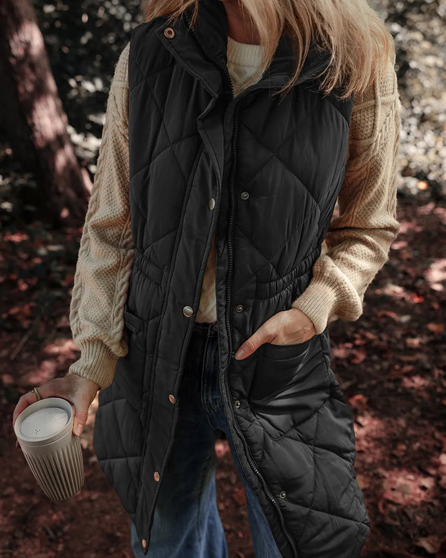 Pocketed Zipper and Button Vest Coat