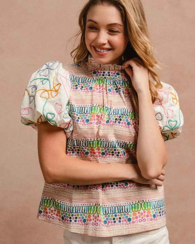 BiBi Ruffle Neckline Blouse With Embroidery Bubble Sleeve
