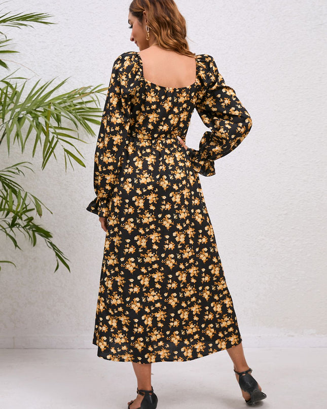 Flounce Sleeve Slit Midi Dress 