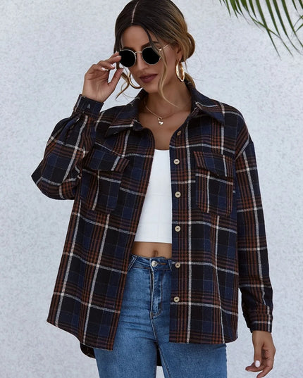 Plaid Button-Up Long Sleeve Shirt Dark Navy
