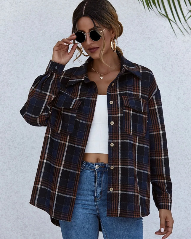 Plaid Button-Up Long Sleeve Shirt Dark Navy
