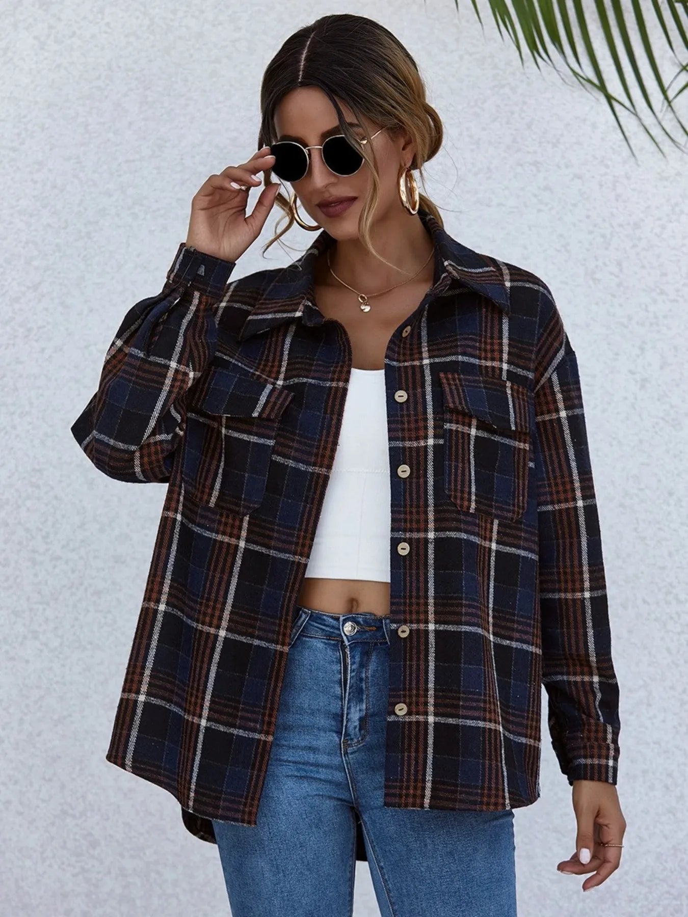 Plaid Button-Up Long Sleeve Shirt Dark Navy