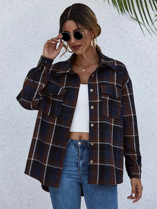 Plaid Button-Up Long Sleeve Shirt Dark Navy