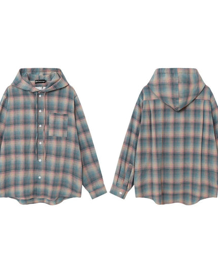 Men's Drawstring Plaid Button Up Hooded Shirt