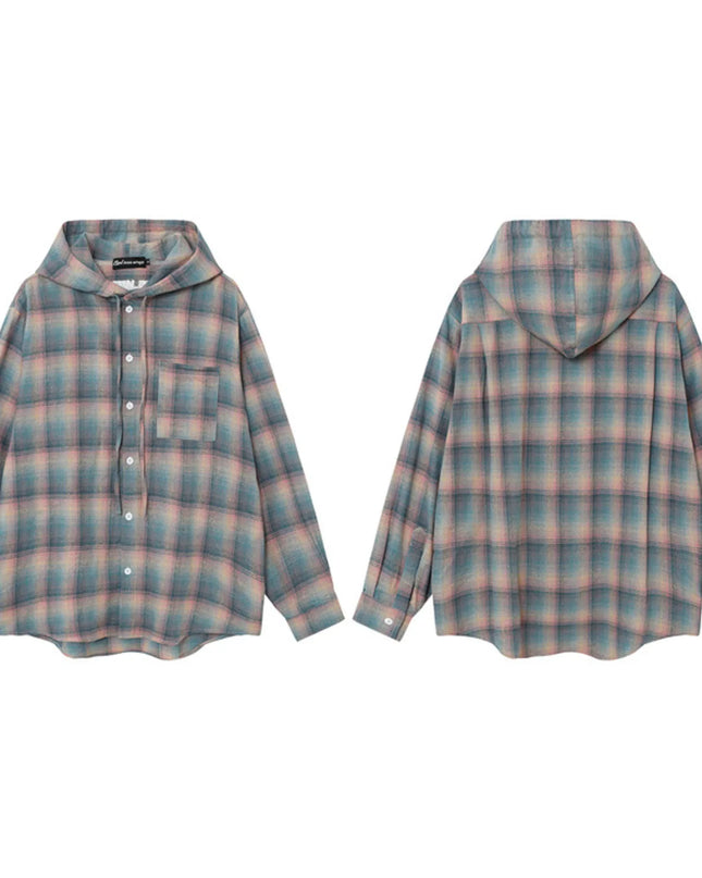 Men's Drawstring Plaid Button Up Hooded Shirt