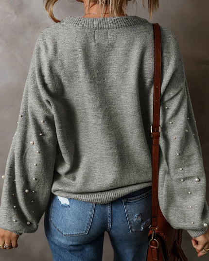 Pearl Detail Round Neck Long Sleeve Sweater