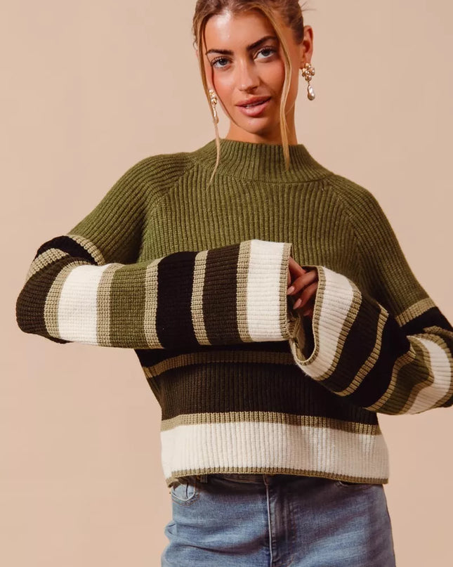SO ME Multi Color Striped Mock Neck Sweater