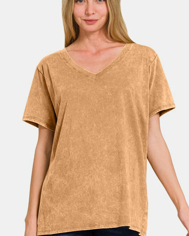 Zenana Full Size Washed Short Sleeve V-Neck T-Shirt