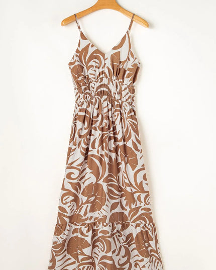 Floral Shirred High Waist Spaghetti Straps Dress