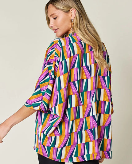 Double Take Full Size Geometric Notched Dolman Sleeve Top