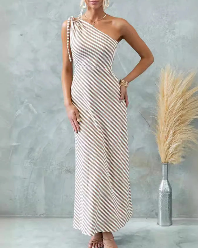 One Shoulder Striped Maxi Dress 