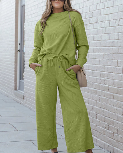 Double Take Full Size Textured Long Sleeve Top and Drawstring Pants Set Yellow-Green