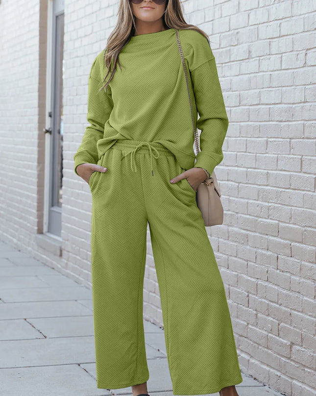Double Take Full Size Textured Long Sleeve Top and Drawstring Pants Set Yellow-Green
