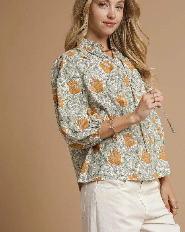 Umgee Floral Print Tie Neck 3/4 Sleeve Blouse