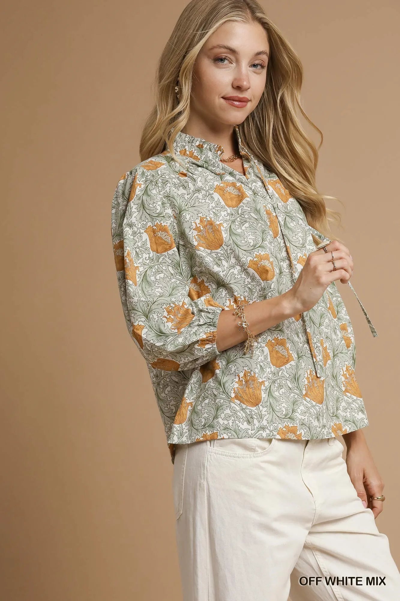 Umgee Floral Print Tie Neck 3/4 Sleeve Blouse