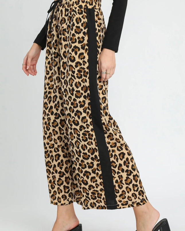 Umgee Leopard Print Wide-Leg Drawstring Pants