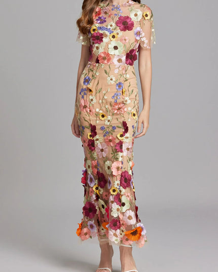 Floral Embroidered Mesh Overlay Maxi Dress