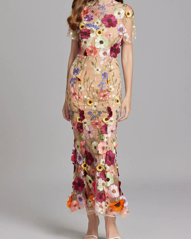 Floral Embroidered Mesh Overlay Maxi Dress