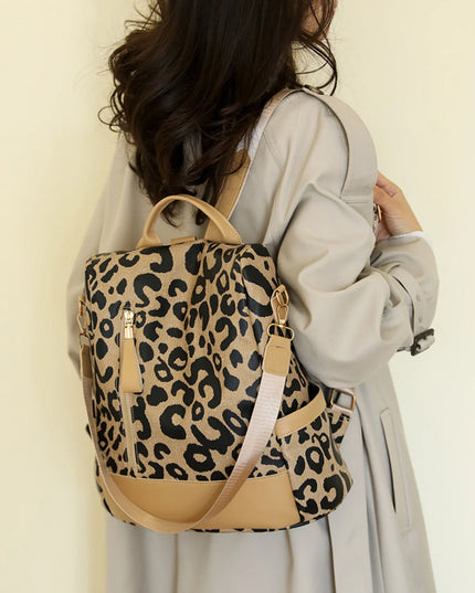 Leopard Print Backpack Bag Brown One Size