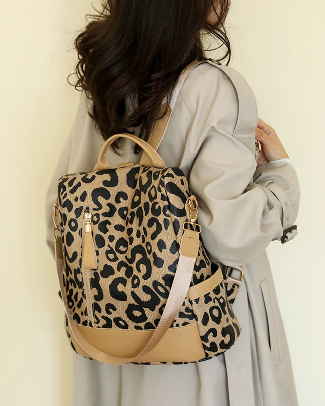 Leopard Print Backpack Bag Brown One Size